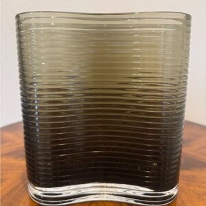 Mid-Century Wavy Glass Vase in Smoky Green/Gray Hand Blown In Poland 8”